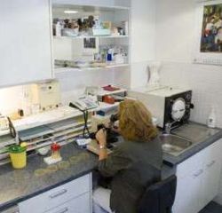 Frau blickt durch ein Mikroskop